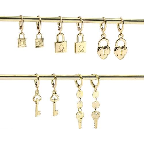 2021 New Fashion Heart Lock Key Drop Earrings for Women Gold Color PadLock Dangle Earrings Elegant Party Wedding Accessory