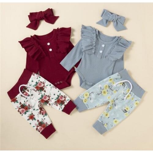 3Pcs Kid Girls Autumn Spring Cotton Outfits Clothes Toddlers Ruffled Long Sleeve Romper Floral Pants Headband Child Girl Sets