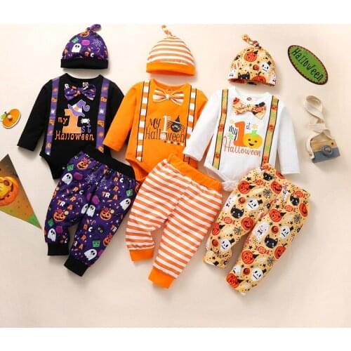 0-18M Newborn Baby Boy Girl Long Sleeve Cotton Bodysuit Tops Print Long Pant Hat 3PCS Halloween Clothes Set