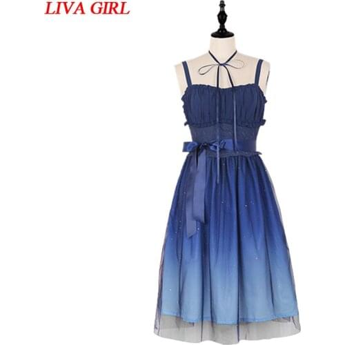 Anime Sweet Navy Blue Starry Gradient Color Fairy JSK Suspender Lolita Dress