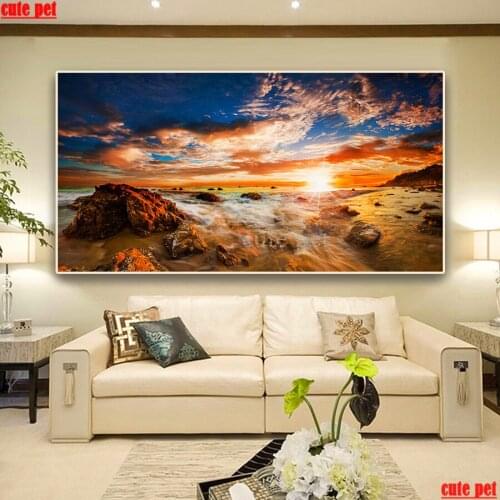 Large DIY Diamond Embroidery Sunset seascape scenery Diamond Painting Cross Stitch Diamond Rhinestone Embroidery Decor cute pet