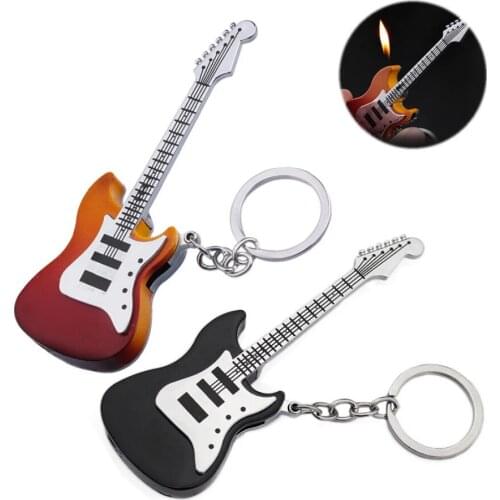 New Creative guitar model butane Inflatable gas cigarette lighter open flame car key chain metal smoking pipe igniter Fun Gift