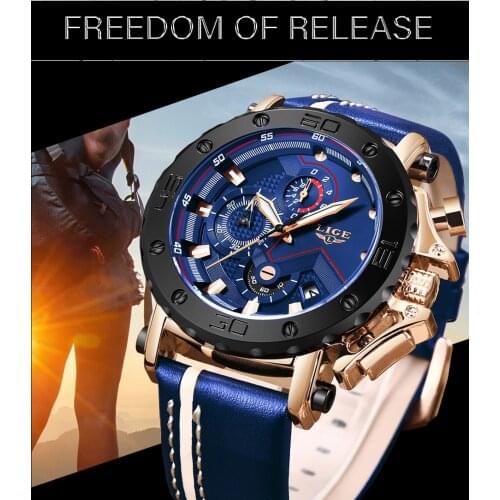 Blue Leather Luxury Men Sports Big Dial Military Quartz Watch Casual Business Waterproof Chronograph Male Wristwatches LIGE 9899