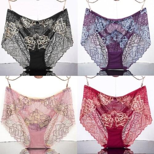 CU019 4 Pieces Big Size Underwear Women Panties Breathable Lace Intimates Sexy Transparent Female Lingerie Briefs