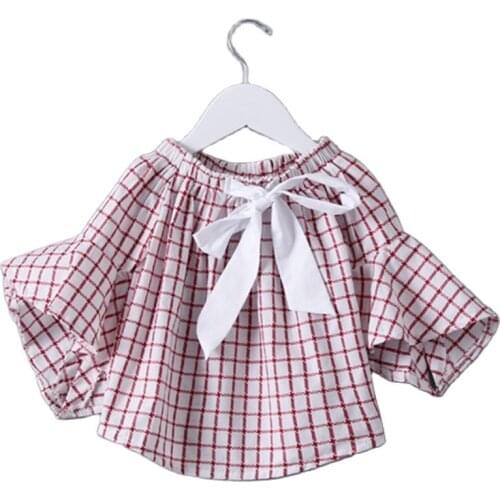 Cutyome Fashion Plaid Shirts for Girls Kids Slash Neck Flare Sleeve Off Shoulder Blouses 2018 Designs Child School Uniform Shirt