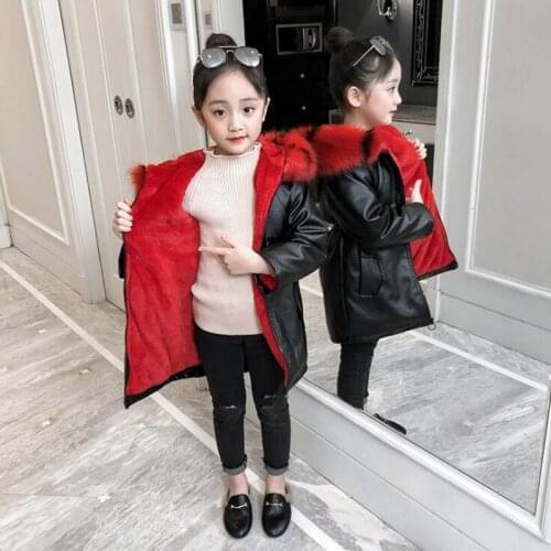 Girls 4-13T Childrens Warm Winter Jacket PU Velvet Lining Jacket Windbreaker Long Jacket Girls Leather Childrens Jacket