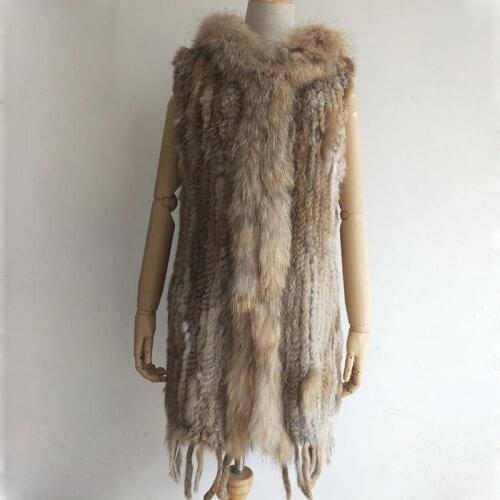 Long Real Rabbit Fur Vest With Hood Natrual Knitted Fur Vests Women Fashion Autumn Sleeveless Real Fur Gilet With Tassel Female