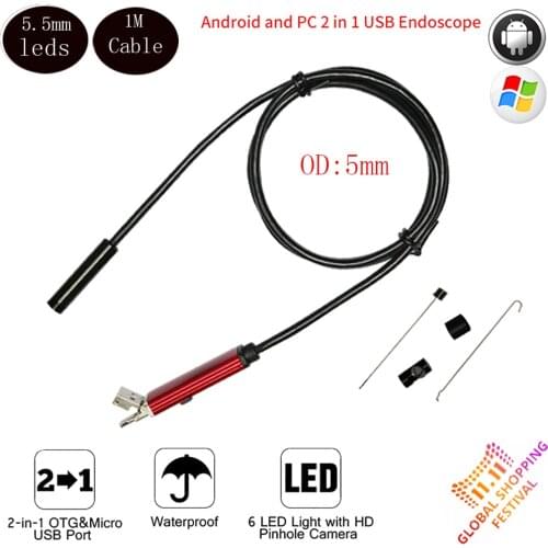 2IN1 PC USB Endoscope Android Camera 5.5mm 1M 2M 5M Lens IP67 Waterproof Pipe Borescope Endoscoop Camera Snake Tube Inspection