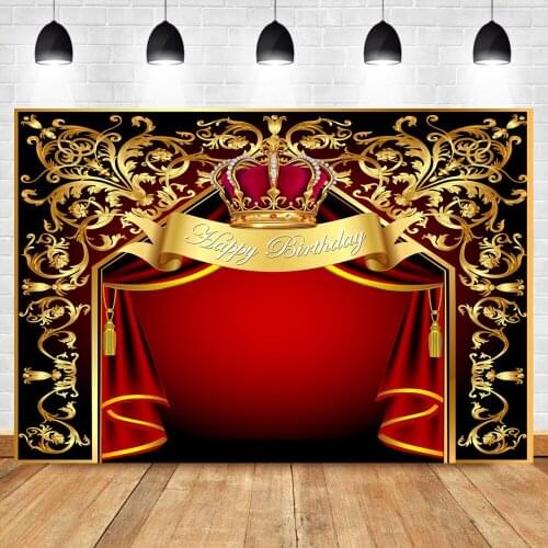 Mocsicka Crown Happy Birthday Party photography backdrops Gold Pattern Red Curtain Luxury Custom background for photo