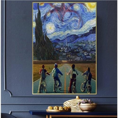 Blue Starry Sky A Group of Boys Ride Bicycles Posters and Prints Canvas Paintings Wall Art Pictures for Living Room Decor