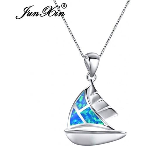 JUNXIN Lucky Sailboat Pendant Blue White Fire Opal Necklace For Women Silver Color Jewelry Valentines Day Gift