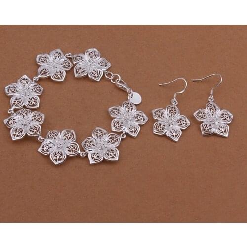 For women lady wedding jewelry female charm hollow flowers bracelets Earrings fashion women Silver color jewelry Set S453