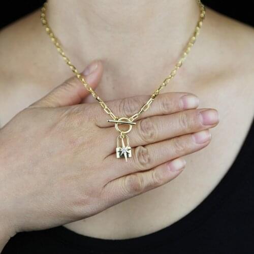 Lock Northstar Charm Open Link Chain Fashion Women Necklace European Gold Color Chain Jewelry