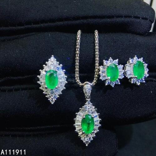 KJJEAXCMY fine jewelry 925 sterling silver inlaid Natural Emerald Necklace Ring Earring trendy Female Set Support Detection cute