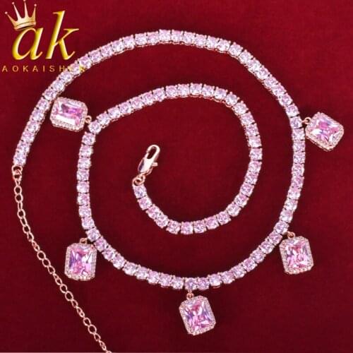 Tennis Chain With Pink Zircon Pendant Rose Gold Color Charm Women Necklace Link Mens Hip Hop Jewelry adjustable