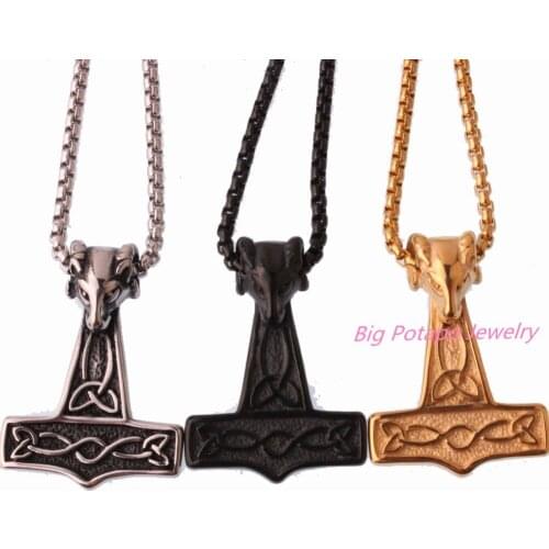 High quality Vintage Stainless Steel Knot Sheep Thor Hammer Pendant Necklace for Men 24" Box Chain men pendants jewelry