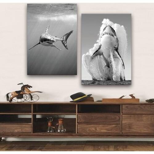 Great White Shark Black White Posters and Prints Monochrome Nature Wall Art Canvas Painting Pictures for Living Room Home Decor