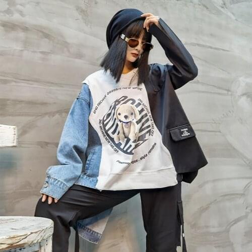 High Street Womens Clothes Hoodies Teen Street Harajuku Hip Hop Sweatshirt for Women Jean Spliced Loose Leisure Hoodie