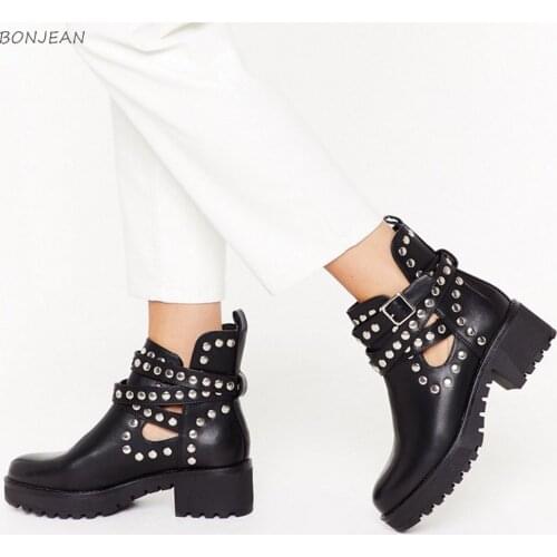New High Quality Platform Womens Shoes Square Heels Fashion Spring Autumn Ankle Boots Women Cool Punk Style Motorcycles Boots