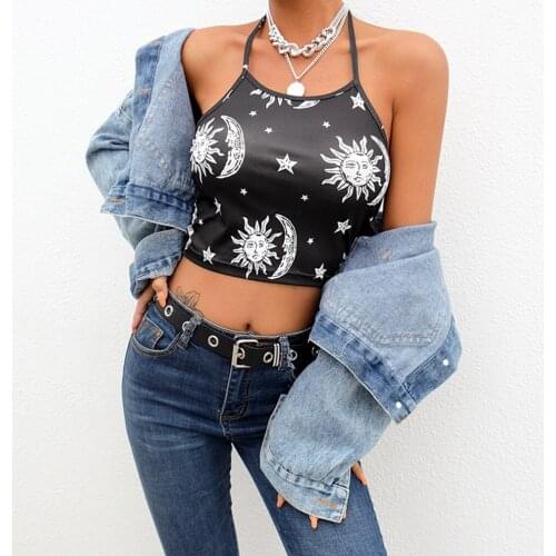 Women Pulovers2021 New Womens Fashion Star Moon Sun Print Sexy Halter Neck Wrap Chest Exposed Small Vest