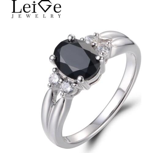 Leige Jewelry Natural Black Spinel Rings Anniversary Rings Oval Cut Black Gems Ring 925 Sterling Silver Fashion Fine Jewelry