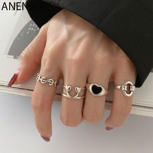 ANENJERY 925 Sterling Silver Korea Heart-Shaped Love Peach Dollar Smiley Ring for Women Thai Silver Ring Fashion Trend S-R943