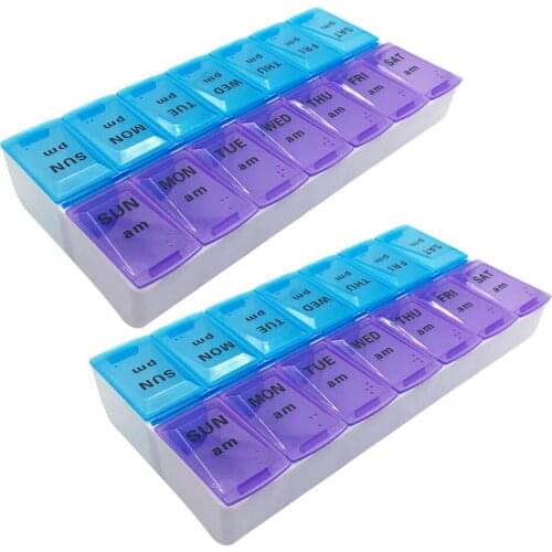 2pcs Pill Organizer with 14 Compartments Pill Box Portable 7 Day Pill Box Plastic AM/PM Weekly Medicine Storage Case Pillbox