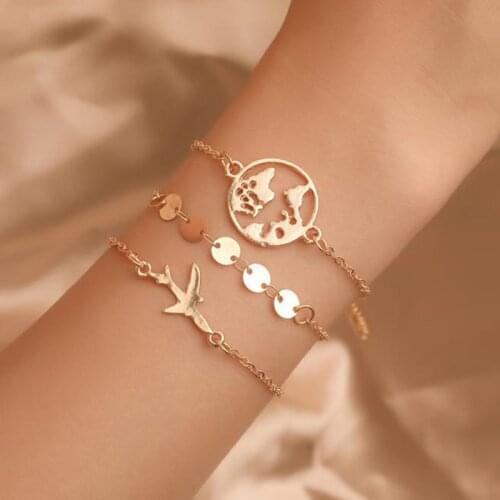 3PCs/set Map Airplane Charm Bracelets For Women Gold Crystal Wrist Chain Cool Fashion Hand Jewelry Female Bracelet