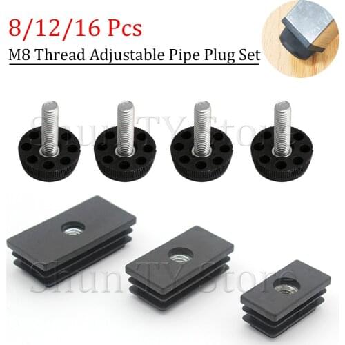 8/12/16Pcs M8Thread FurnitureLegs Plugs Set Black Plastic Blanking End Caps Insert Plugs Adjust Thread Feet Rectangular PipesSet