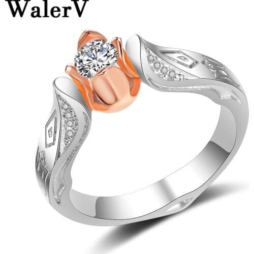 WalerV Brand Rose Gold Fashion CZ Zircon Rings Flower Shape Wedding Jewelry Double Color Ring for Womens Rings Fingers Gifts