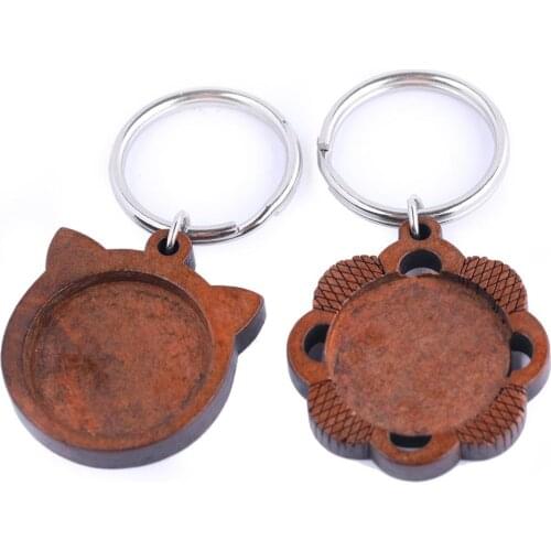 3pcs flower Wood Cabochon Keychain Base Setting 25mm wooden Bezel Blank Trays For Key Chain Making Diy Stainless Steel Keyring