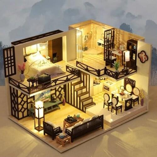 Kids Wooden Doll House Furnitures Diy 3D Loft Wooden Miniaturas Assemble Dollhouse Toys for Children Birthday Gifts