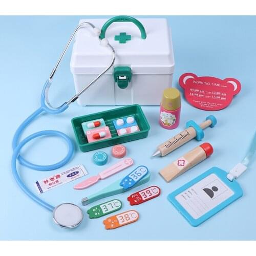 Kids Wooden Doctor Toy Simulation Family Doctor Nurse Medical Kit Toy Pretend Play Hospital Medicine Accessory Christmas Gifts
