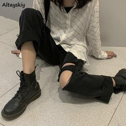 Jeans Women High Waist Ulzzang Leisure Washed Female Vintage Simple Straight Stylish Ripped Popular Loose Streetwear Autumn New