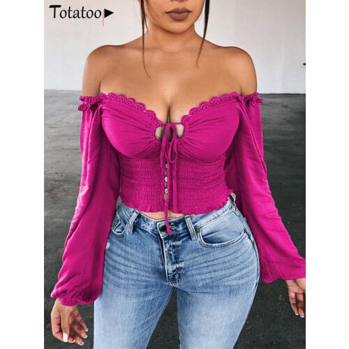 Novgirl Sexy Off Shoulder Lace Up T Shirts Women 2019 Autumn V Neck Long Lantern Sleeve Lace Crop Tops Casual Streetwear T-Shirt