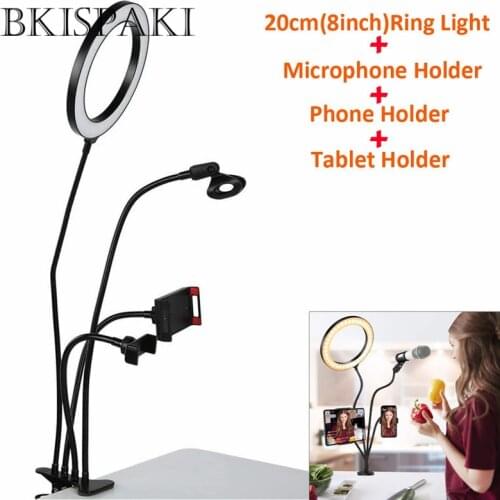 Flexible Monopod Mount Bracket with LED Ring Flash Light Tabletop Stand Tripods with Phone Tablet Microphone Holder for Video