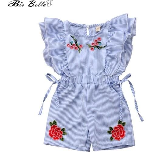 Sleeveless Cute Ruffle Flower Striped Rompers Round neck Jumpsuit Outfit Clothes 6M-4Y Toddler Kids Baby Girl Rompers