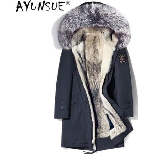 AYUNSUE 2020 Warm Winter Jacket Men Clohing Real Wolf Fur Liner Parka 100% Silver Fox Fur Collar Clothes Hommes Veste LXR968