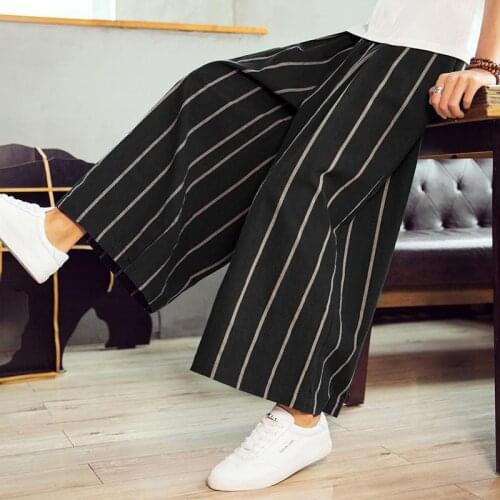 M-3XL Elastic Waist Wide Leg Pants Men Japanese Streetwear Casual Striped Pants Loose Fit Colorblock Summer Linen Trousers XXXL