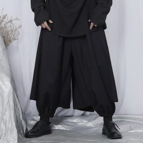 Mens casual pants loose-fitting wide-leg pants Yamamoto style culottes nine points pants personality fake two fashion pants