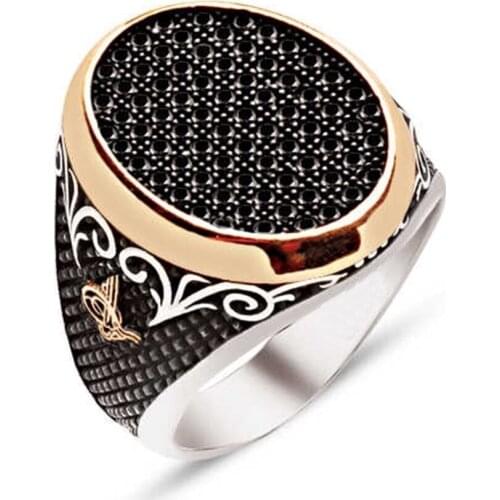 Silver Black Zircon Stone Sides Tuğra Embroidered Men 'S Ring