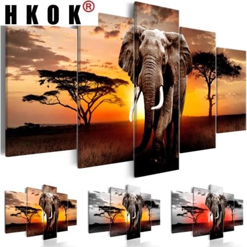 HKOK Wall Artwork Modular Canvas 5 Pcs Elephant Landscape Pictures HD Printed Paintings for Living Room Framework Home Decor
