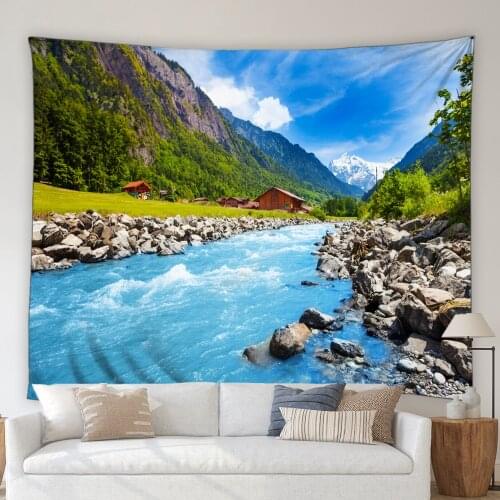 Natural Scenery Tapestry Ocean Mountain Green Forest Trees Plants Doat Landscape Bedroom Living Room Wall Hanging Blanket Mural