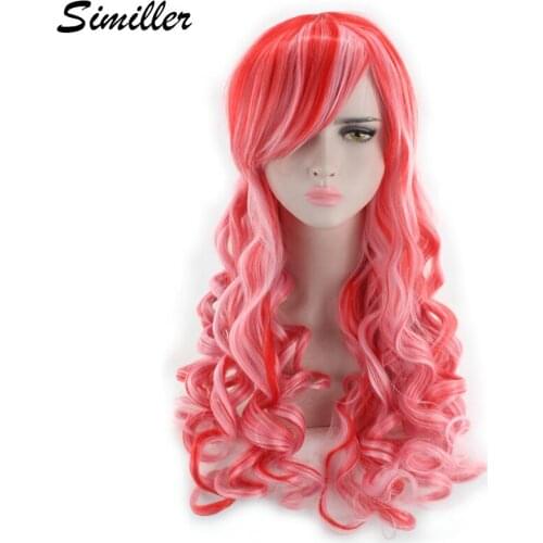 Similler Women Long Curly Synthetic Wigs High Temperature Fiber Multicolor Red Pink Mixed Colors Cosplay Wig with Bangs