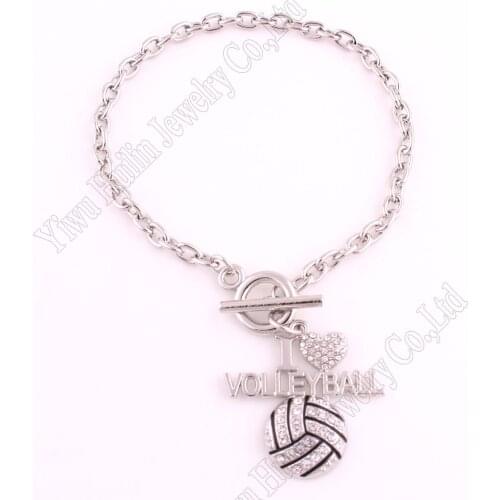 Sports Jewelry Drop Shipping 1.3"*1.3" inches Crystal I LOVE VOLLEYBALL 2D Pendant Toggle Charm Bracelet Fans Favorite Jewelry