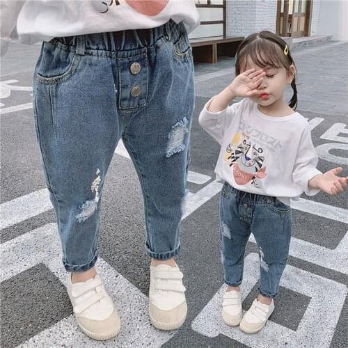 Stylish Kids Girls Loose Casual Jeans, All-Match Elastic Waist Denim Ripped Pants for Vacation hotography 0-5Years