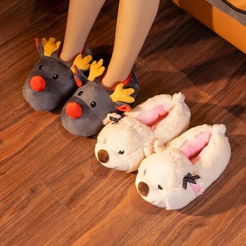 2021 New Fashion Autumn and Winter Bear and Deer Indoor Waterproof, Antiskid and Warm Womens Lovely Plush Cotton Slippers