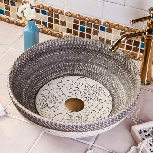 Vintage Hand Carved Artistic Ceramic Countertop Wash Basin Sink Bowl For Bathroom Cloarkroom
