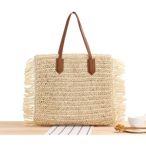 2021 Summer Beach Bags For Women High Capacity Ladies Handbag For Vacation PU Handle Straw Bag With Tassel Shoulder Bags Gift