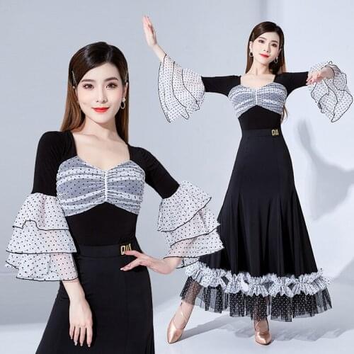 WomenS V-Neck Short-Sleeved Black Tops Modern Dance Jumpsuit Waltz Latin Dance Costume Ballroom Dance Performance Wear DQS7749